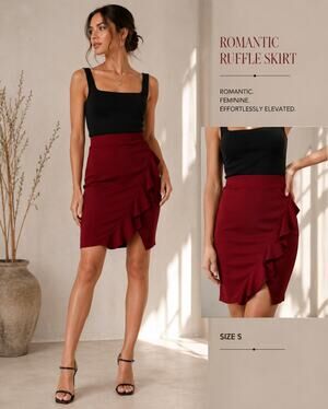 Windsor Burgundy Ruffle Wrap Bodycon Skirt Date Night Clubwear XS